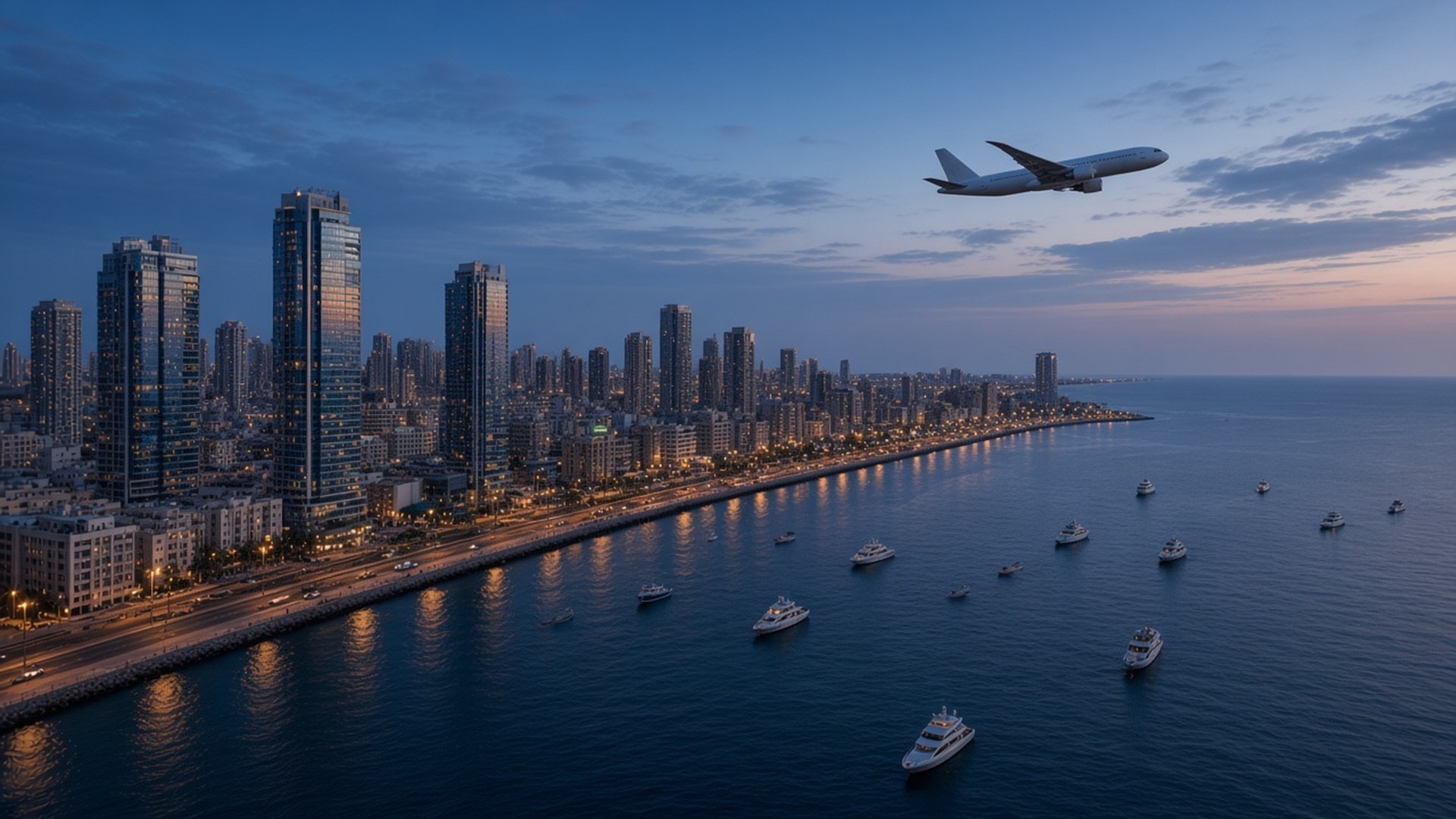 A passenger airplane over a waterfront city and the sea